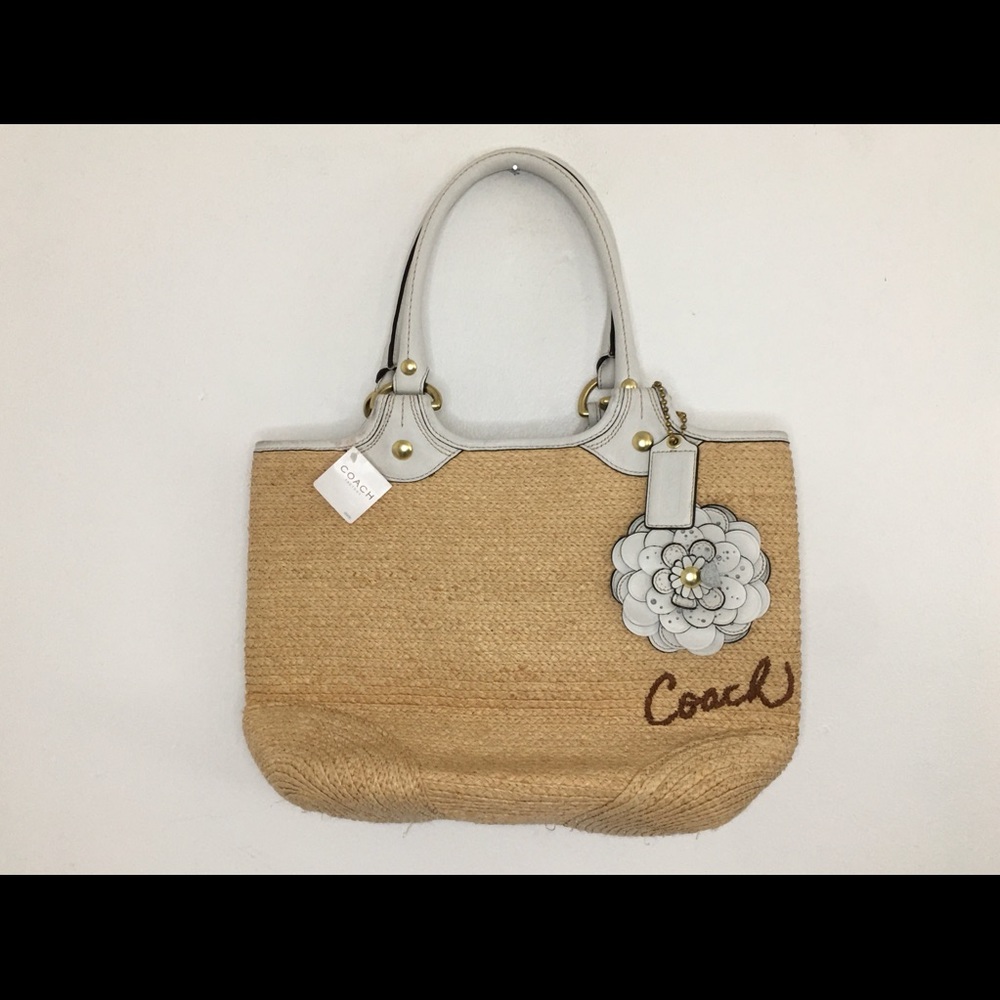 NWT Coach Bleeker Natural Straw/ White Leather Tote F13373